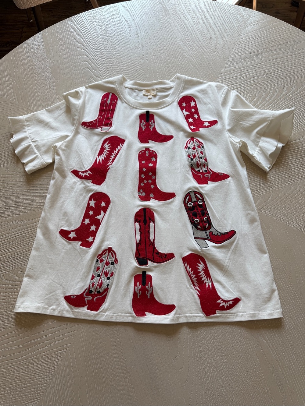 White Short-Sleeve Tee with Red Cowboy Boot Appliqués